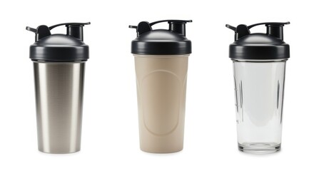 Sports Shakers: A trio of sleek shakers featuring varied designs. From metallic to transparent, one is filled with a creamy shake, offering a glimpse of a fitness drink.
