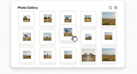 A photo gallery interface displaying landscape images, with a cursor selecting one of the photos.