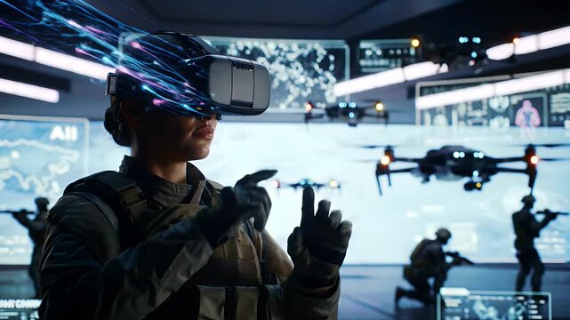 AI Military Training with VR and Drones. A soldier operates drones in a virtual reality environment supported by AI systems, simulating futuristic military combat scenarios.