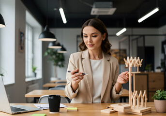 A focused businesswoman examines a small wooden architectural model while working in a modern office setting.