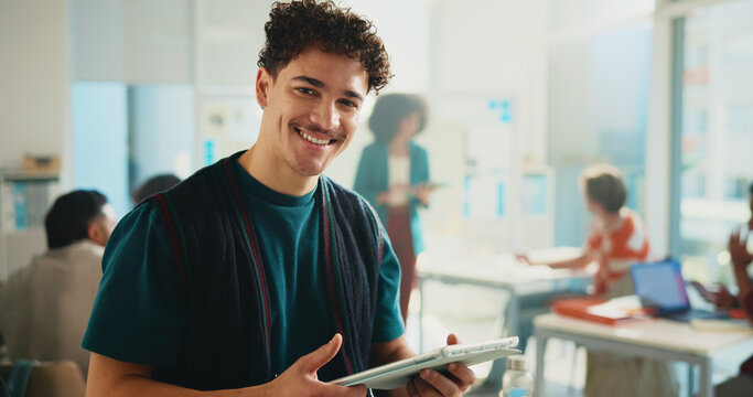 Tablet, learning and portrait of happy man in university classroom for study or development. Tech, student and person in college for knowledge, scholarship or research project online for education