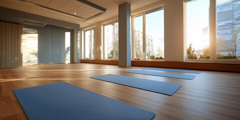 Fototapeta premium Ein leerer, moderner Yogaraum mit Pilatesboden und -matten, einem großen Fenster und einem geräumigen Innenraum, der eine ruhige und einladende Atmosphäre zum Entspannen und Trainieren schafft