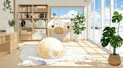 Obraz premium Cozy Cat in Bright and Modern Living Room with Natural Light