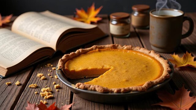 Captivating footage showcases a half eaten pumpkin pie beside coffee, cookbook, spices, and fallen leaves on a rustic wooden table.