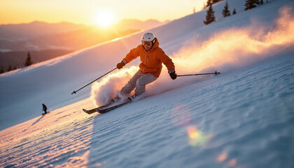Golden Hour Skiing with Warm Light on Snowy Slope