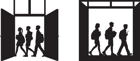 People Walking Through Doorway Icon Set Black Silhouette