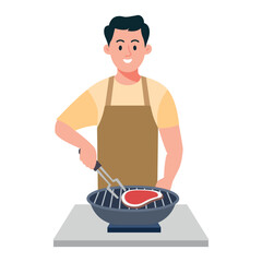 Man Grilling Steak on Stove