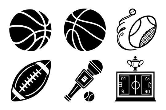 Bold glyph icon set for various sports, including game balls, a trophy, and a scoreboard
