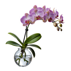 Obraz premium A delicate orchid with pink striped blossoms graces a transparent vase, offering beauty and serenity against a solid black background.