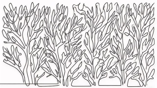 Continuous line art depicts stylized trees with unique, flowing, leafless branches