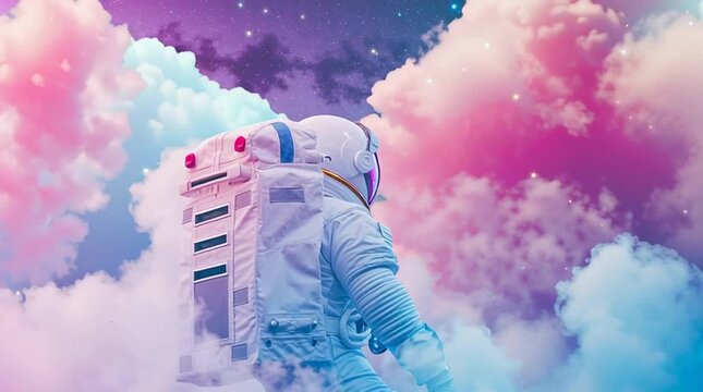 Astronaut floating in surreal rainbow space with vaporwave clouds and dreamy synth vibes

