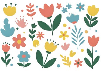 seamless background with tulips, Collection of spring colorful flower elements vector. Set floral of wildflower, leaf branch, foliage on white background. Hand drawn blossom illustration for decor, ea