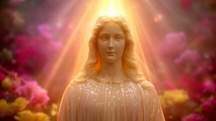 Ethereal Statue of Serenity Surrounded by Colorful Blooms and Light