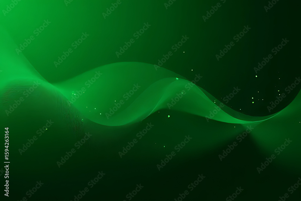 Poster abstract green background with flowing wavy lines and scattered white particles creating a sense of 
