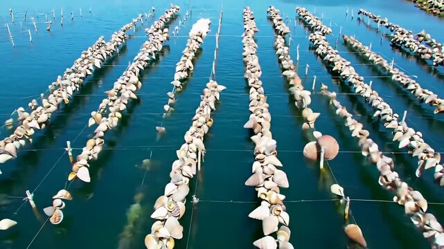 Aerial of parallel lines of mollusk shells in water, supported on vertical stakes