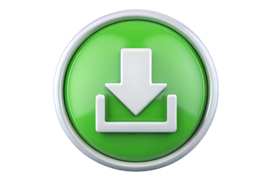 A green download button with a white arrow isolated on transparent background - Powered by Adobe