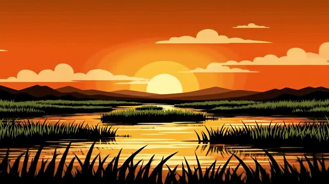 Cartoon illustration of a vivid sunset over a marshland with distant mountains