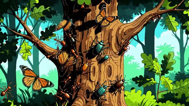 Colorful cartoon drawing of bugs on a tree, set in a stylized forest scene