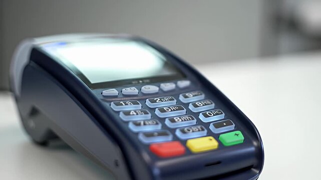 Close-up shot of a dark blue payment terminal with illuminated numeric keypad