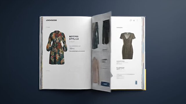 Open catalog showcasing dresses and blouses on a dark blue background surface
