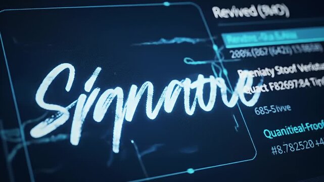 A bright blue screen displays handwritten 'Signature' over system text and data