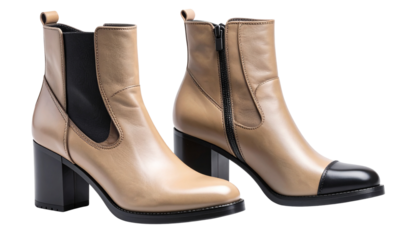 Stylish heeled boots with sleek design and detailed stitching, isolated on a transparent PNG background 