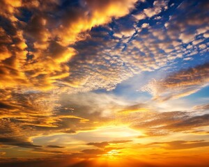 Fototapeta premium A breathtaking sky filled with dramatic clouds in golden, orange, and blue hues, lit by a radiant setting sun