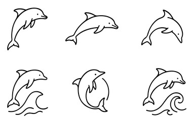 Dolphin Line Art Icons Set. Marine Animal Illustrations Vector Logo in Clean Black Outline for Ocean-Themed Branding, Educational Infographics, and Nature-Inspired Graphic Design Projects
