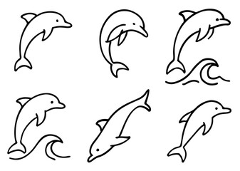 Dolphin Line Art Icons Set. Ocean Animal Illustrations Vector Logo in Clean Black Outline for Ocean-Themed Branding, Educational Infographics, and Nature-Inspired Graphic Design Projects
