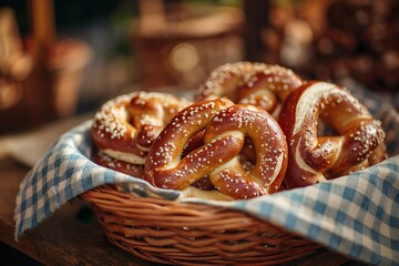 Close-up view of freshly baked pretzels sprinkled with coarse salt, arranged in a woven basket lined with a traditional red and white checkered cloth. The warm tones, wooden table, and rustic presenta