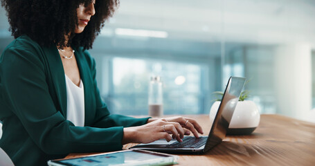 Woman, laptop and typing at office with financial analysis, report and feedback with data at night. Person, broker or investor with computer for revenue review, stats and market research at agency