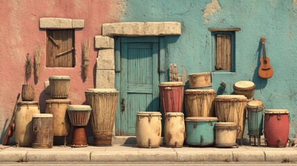 Fototapeta premium Colorful Indigenous Tribal Homes with Drums and Guitar in Vibrant Setting