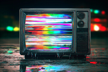 
Glitch effect on retro TV screen with neon static and distorted text 