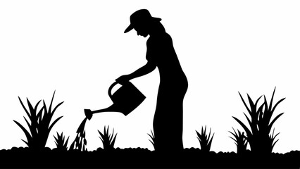 Silhouette of woman in hat watering plants in garden with watering can in black and white illustration | editable eps vectors