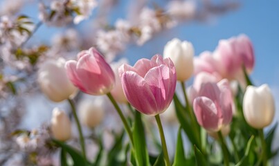 Pink and white tulips in full bloom, with cherry blossoms blooming behind them against the blue sky.