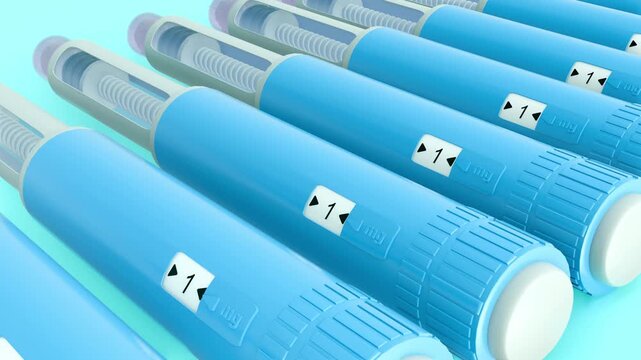 A 3d animation of pre-filled GLP-1 receptor agonist pens, used for the treatment of type 2 diabetes or for weight management. It's disposable or multi-dose reusable pen.