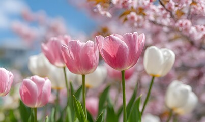 Fototapeta premium Pink and white tulips in full bloom, with cherry blossoms blooming behind them against the blue sky.