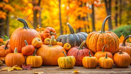 Autumn Harvest Pumpkins and Fall Foliage on a Rustic Wooden Surface new 2025 trendy