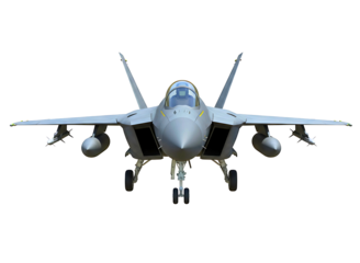 Modern fighter jet front view isolated on transparent background