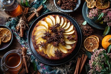 Top-down view of a festive plate of caramel apples garnished with sugar crystals, nuts, and white chocolate drizzle. The platter is surrounded by aromatic autumn elements including cinnamon sticks, st