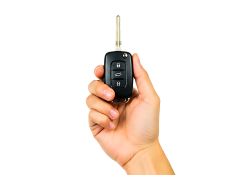Hand holding car key isolated on transparent background