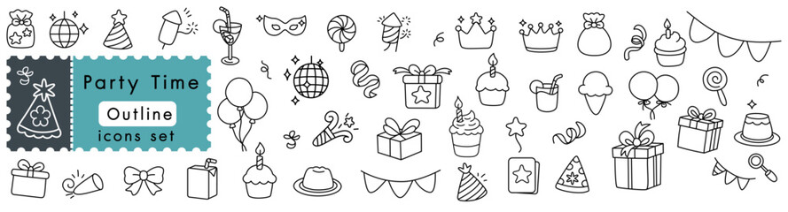 Party icon set with outline style featuring festive elements for celebration and party time fun