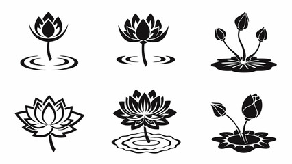 Collection of six stylized lotus flower illustrations in black and white with water ripples design editable eps vectors silhouette