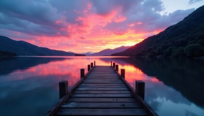 Obraz premium Serene dusk lake, wooden pier, sky reflections, image, background, stunning