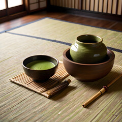 Japanese matcha green tea preparation with chasen whisk and tea bowl rests on traditional tatami mat.