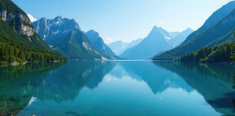 Naklejka premium Serene mountain lake, vibrant blue waters mirroring peaks , photography, mountain lake, background