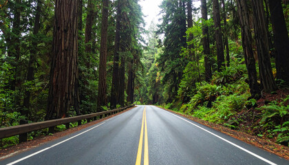 highway surrounded by towering redwood trees in Redwood National and State Parks, California. Peaceful empty road stretches into the lush green forest. Nature travel concept, no vehicles visible