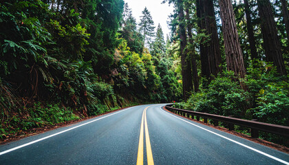 highway surrounded by towering redwood trees in Redwood National and State Parks, California. Peaceful empty road stretches into the lush green forest. Nature travel concept, no vehicles visible