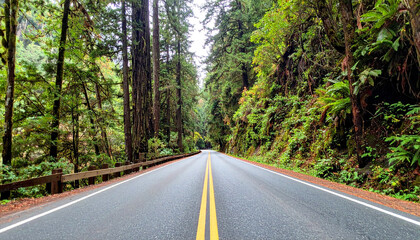 highway surrounded by towering redwood trees in Redwood National and State Parks, California. Peaceful empty road stretches into the lush green forest. Nature travel concept, no vehicles visible