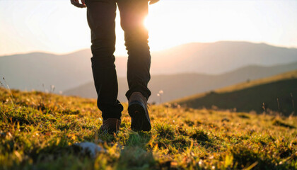 a hiker’s legs walking uphill on a grassy meadow during sunrise. The soft golden light creates a peaceful atmosphere with blurred mountain layers in the background
